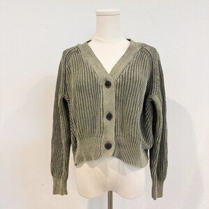 DR2 by Daniel Rainn Button Up Ribbed Knit Cardigan Sweater Top Boho Green Small